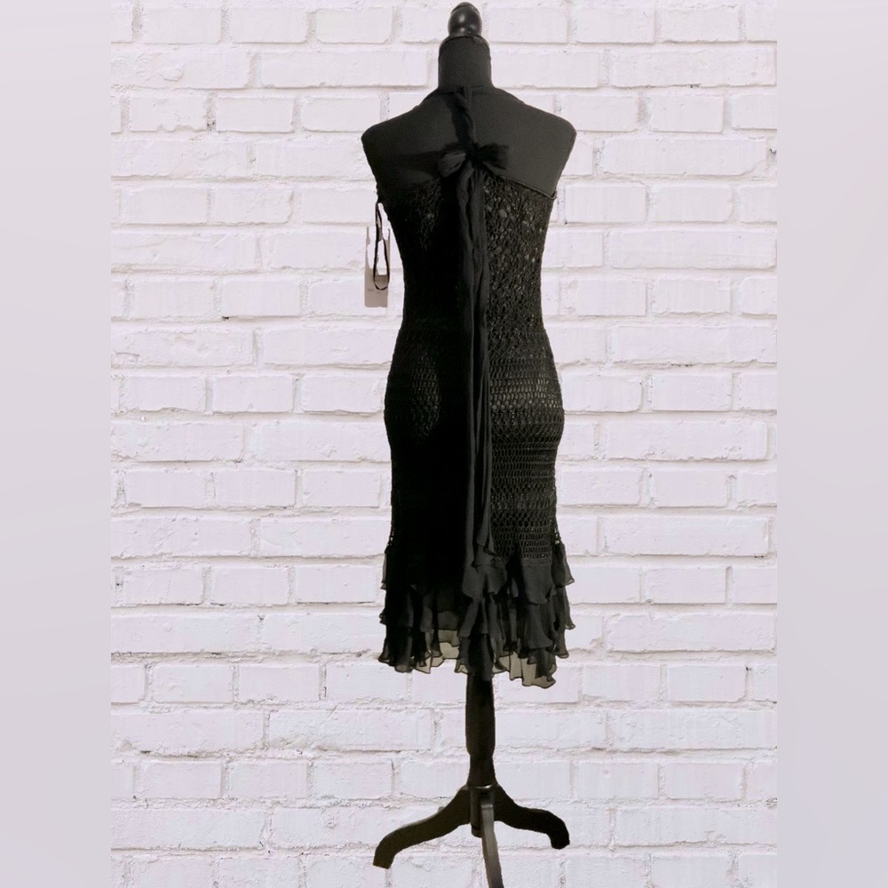 NWT SUE WONG black crochet halter dress/beading sequin